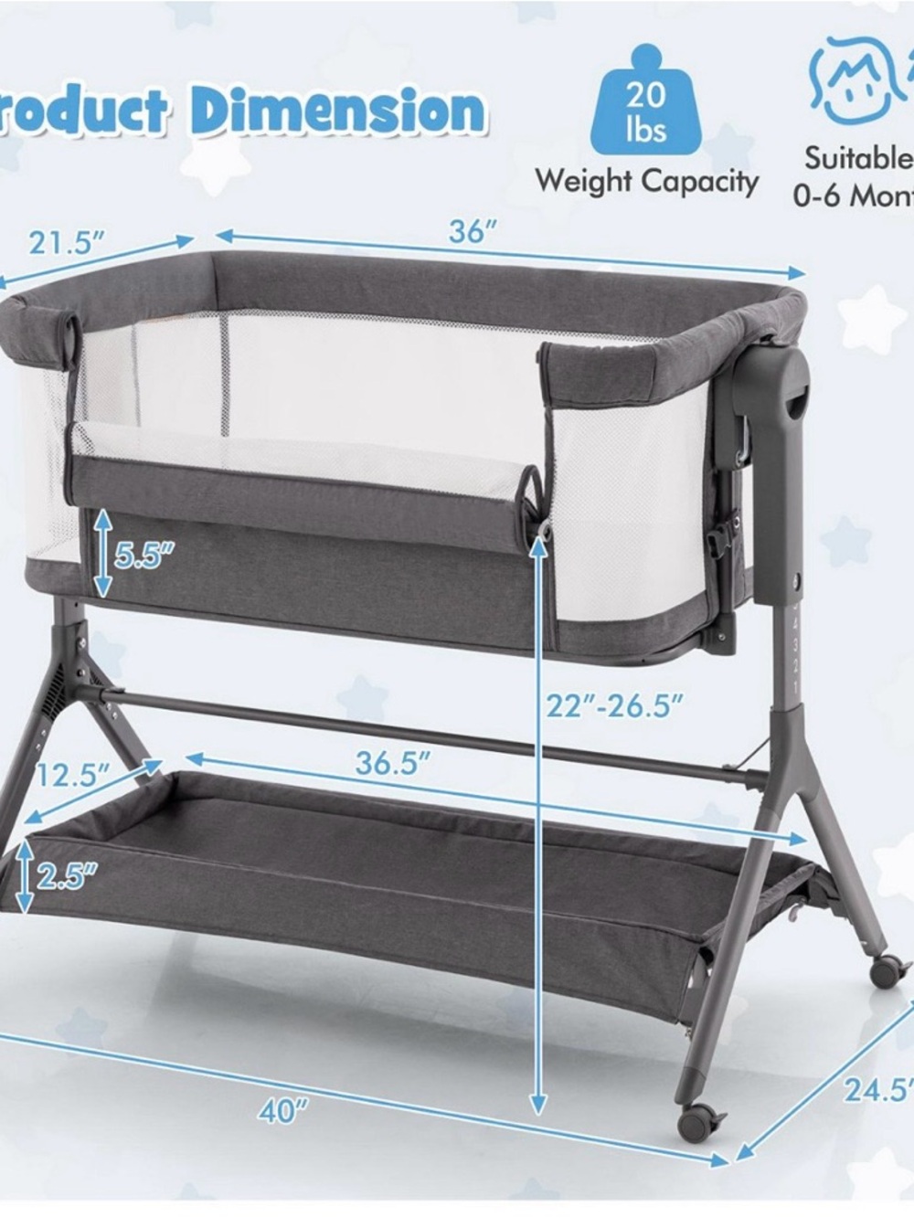 Grey Mesh-Side Baby Bassinet with Under-Storage